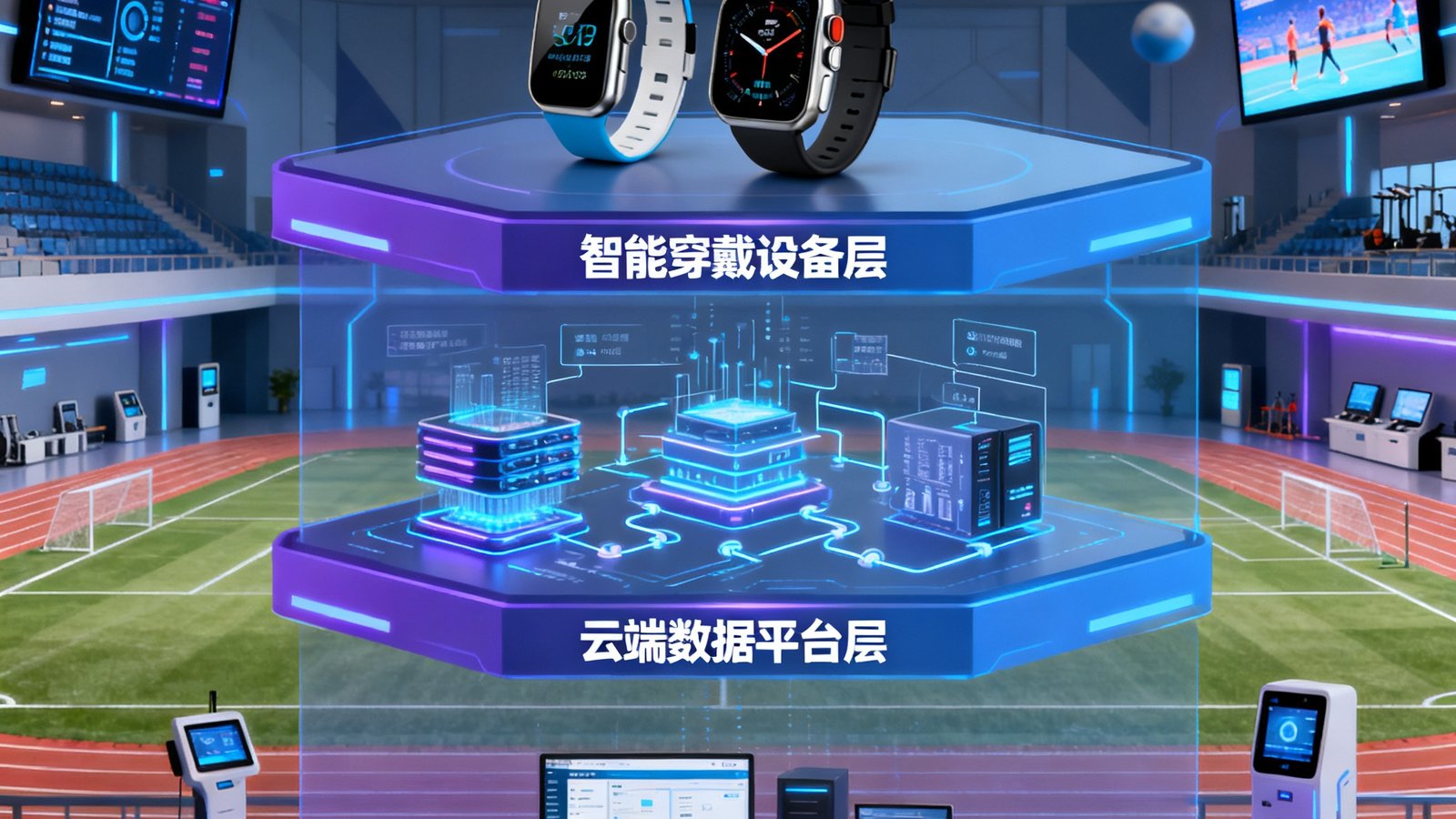三亿体育智慧体育生态系统整体架构图，展示从智能穿戴设备、云端数据平台到校园管理终端的三层技术架构，背景为现代化的数字体育场馆内部场景