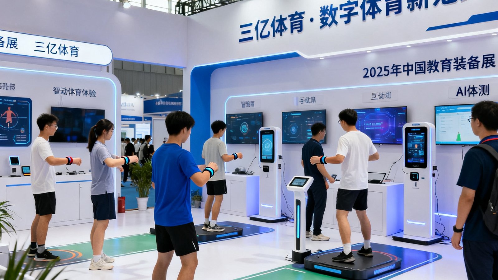 2025年中国教育装备展三亿体育展台全景，展台上布置了智慧体育互动体验区，多位参观者正在体验运动手环和AI体测设备，背景墙上显示着'三亿体育·数字体育新范式'的主题标语