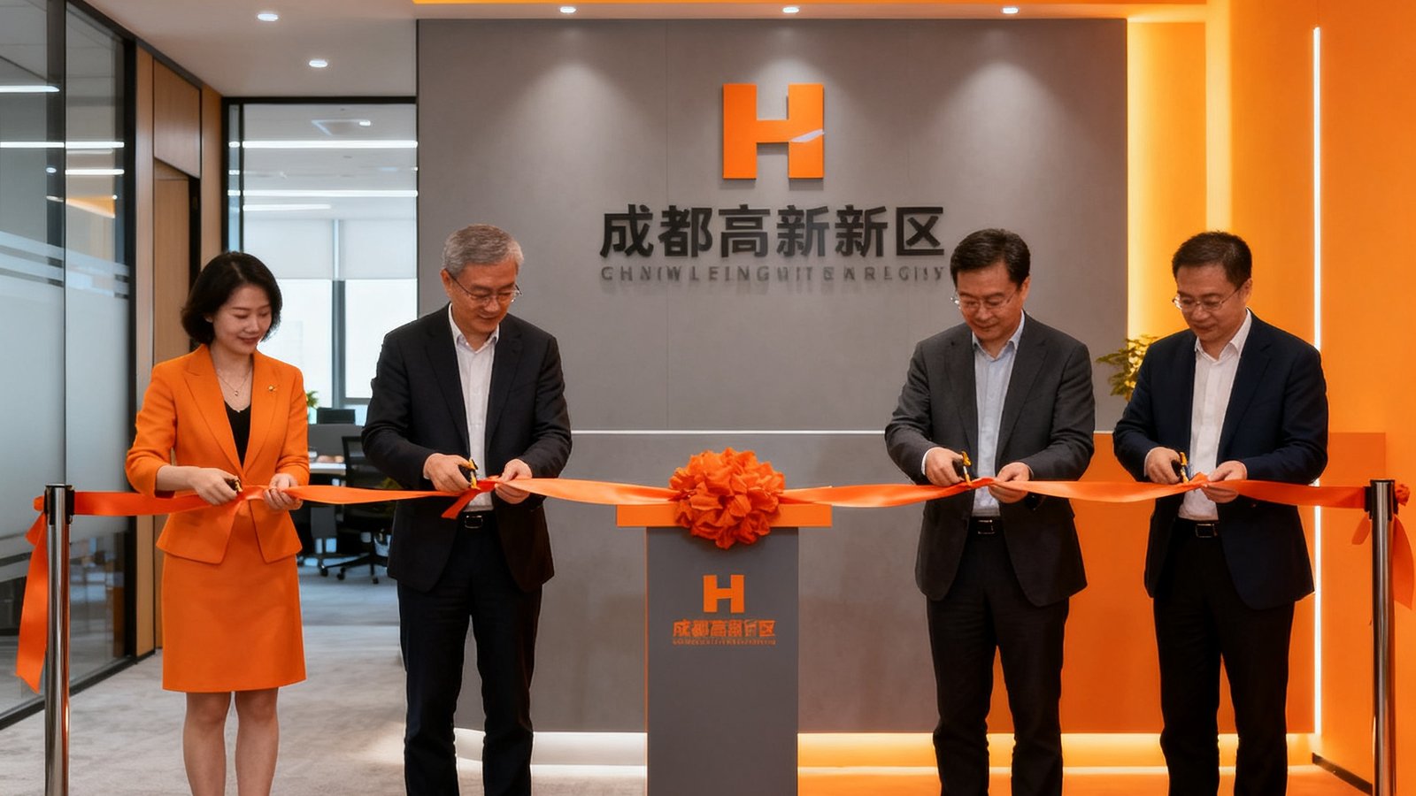 三亿体育成都研发中心开业庆典现场，公司创始人与成都高新区领导共同剪彩，新办公室装修风格现代简约，橙色与灰色的企业色调贯穿整个空间