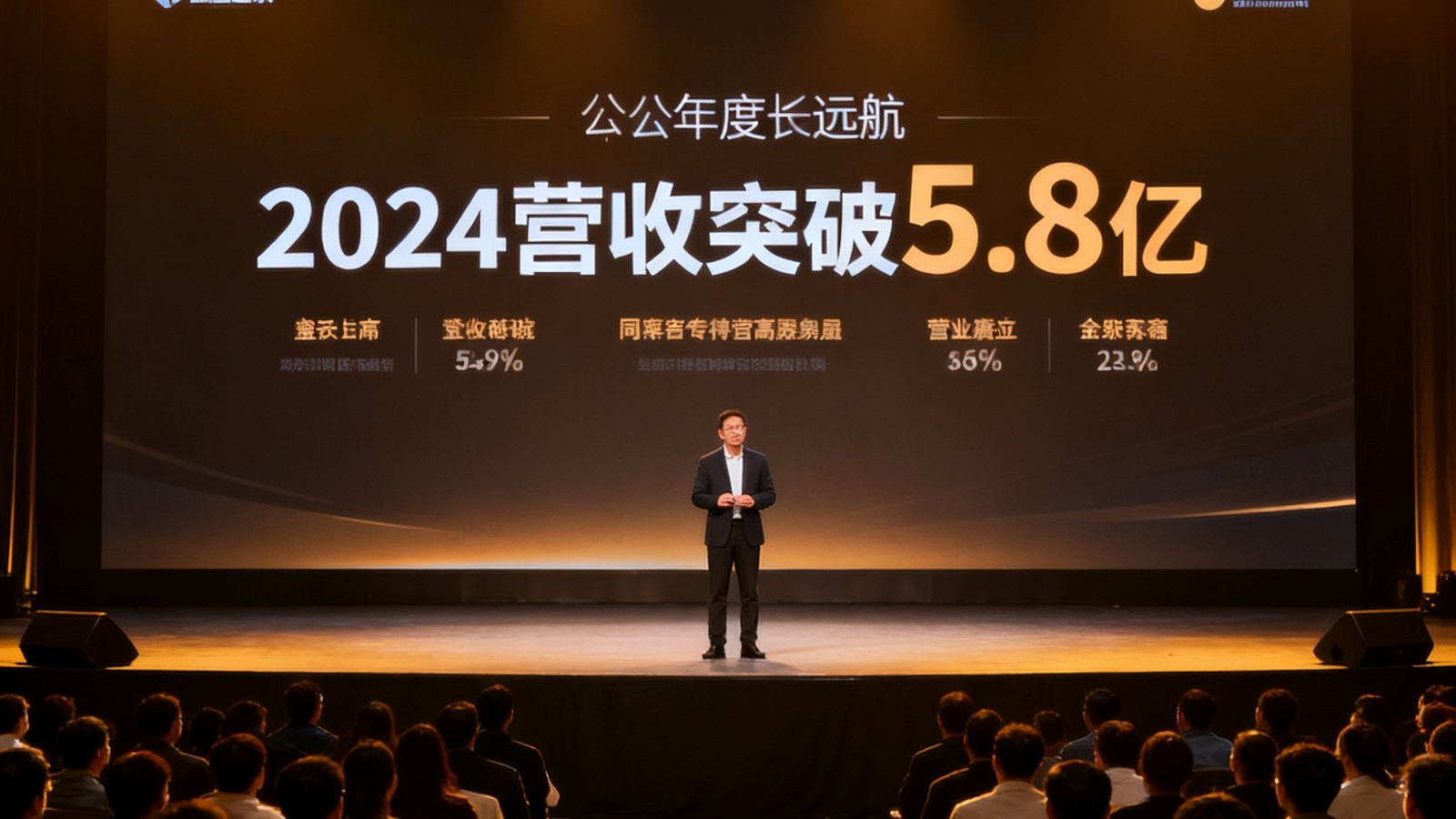 三亿体育2024年度总结大会现场照片，公司CEO张远航站在舞台上进行年度演讲，身后大屏幕显示着'2024营收突破5.8亿'的数据亮点，台下坐满了员工