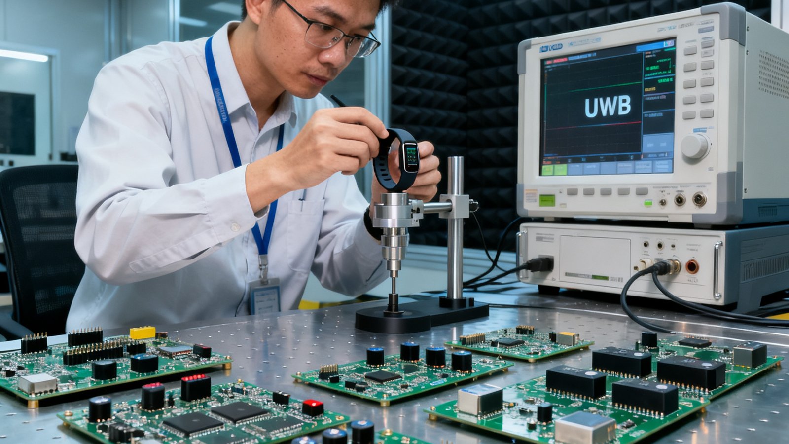 三亿体育深圳硬件实验室内景，工程师正在使用精密仪器对手环的UWB定位精度进行校准测试，实验台上摆放着各种电路板和传感器模块，背景是专业的射频屏蔽测试室