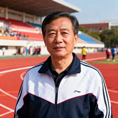 一位年约45岁、身穿运动服的中学体育教研组组长王老师在校运会现场拍摄的半身肖像照，背景是学校红色塑胶跑道和看台