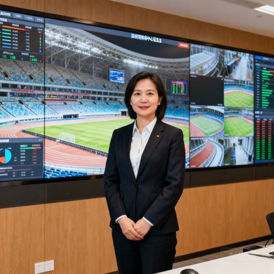 深圳湾体育中心运营总监李女士在体育馆控制室内的职业照，她身后是整面墙的监控大屏，显示着场馆各区域的实时运营数据和监控画面